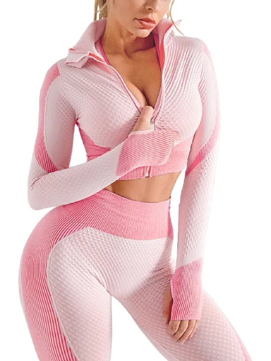 2 piece Zipper Long Sleeve Patchwork Set