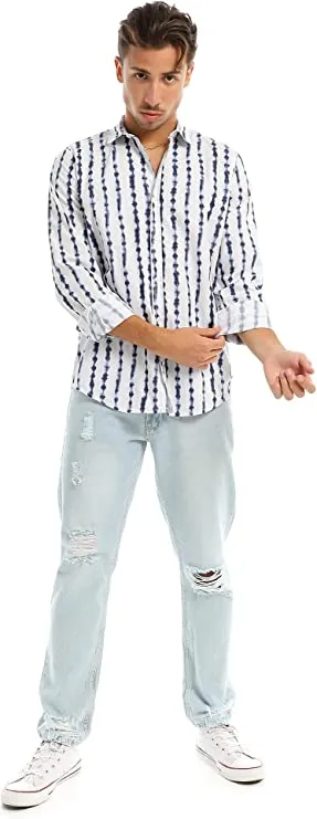 97820 Self Patterned Full Buttoned Navy Blue & White Shirt