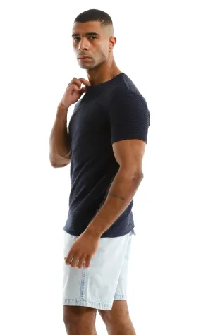 97934 Self Striped Plain Navy Blue Tee