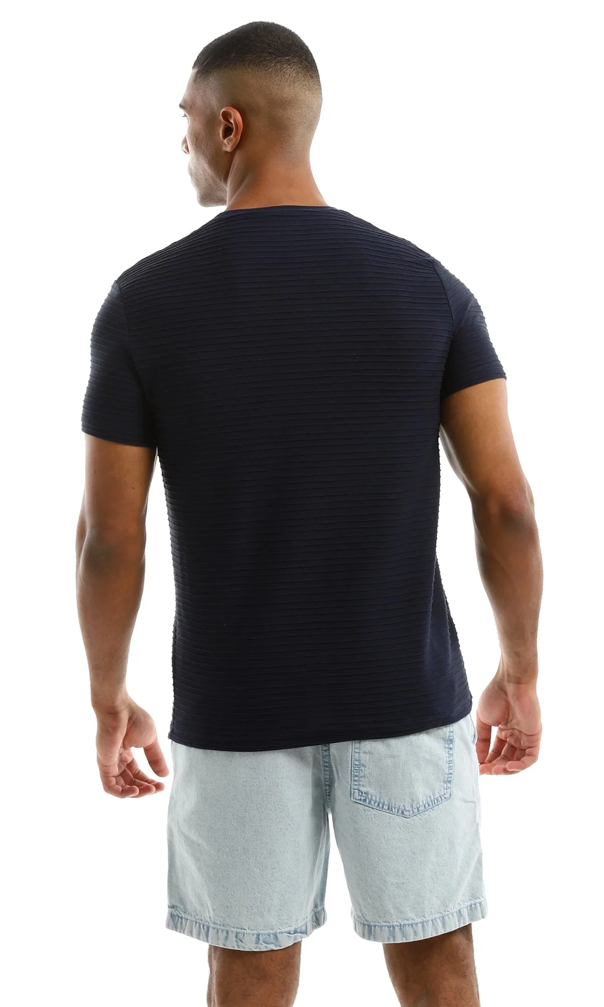 97934 Self Striped Plain Navy Blue Tee