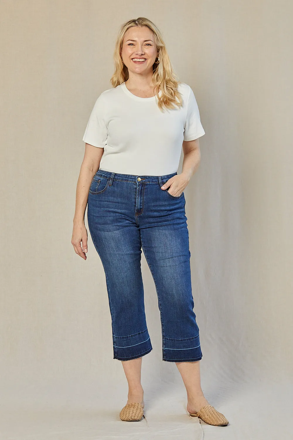 Adrift Denim Cropped Straight Leg Jeans in Mid Wash