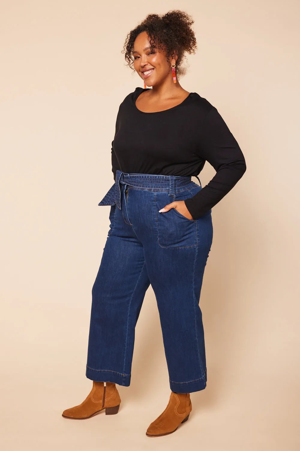 Adrift Denim Waist-Tie Jean in Mid Wash