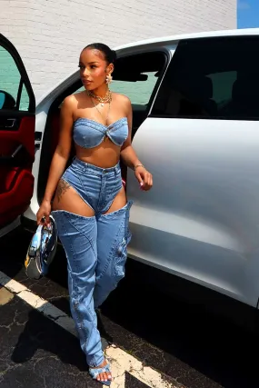 Boss Babe Denim Tube Top & Cut Out Pants SET