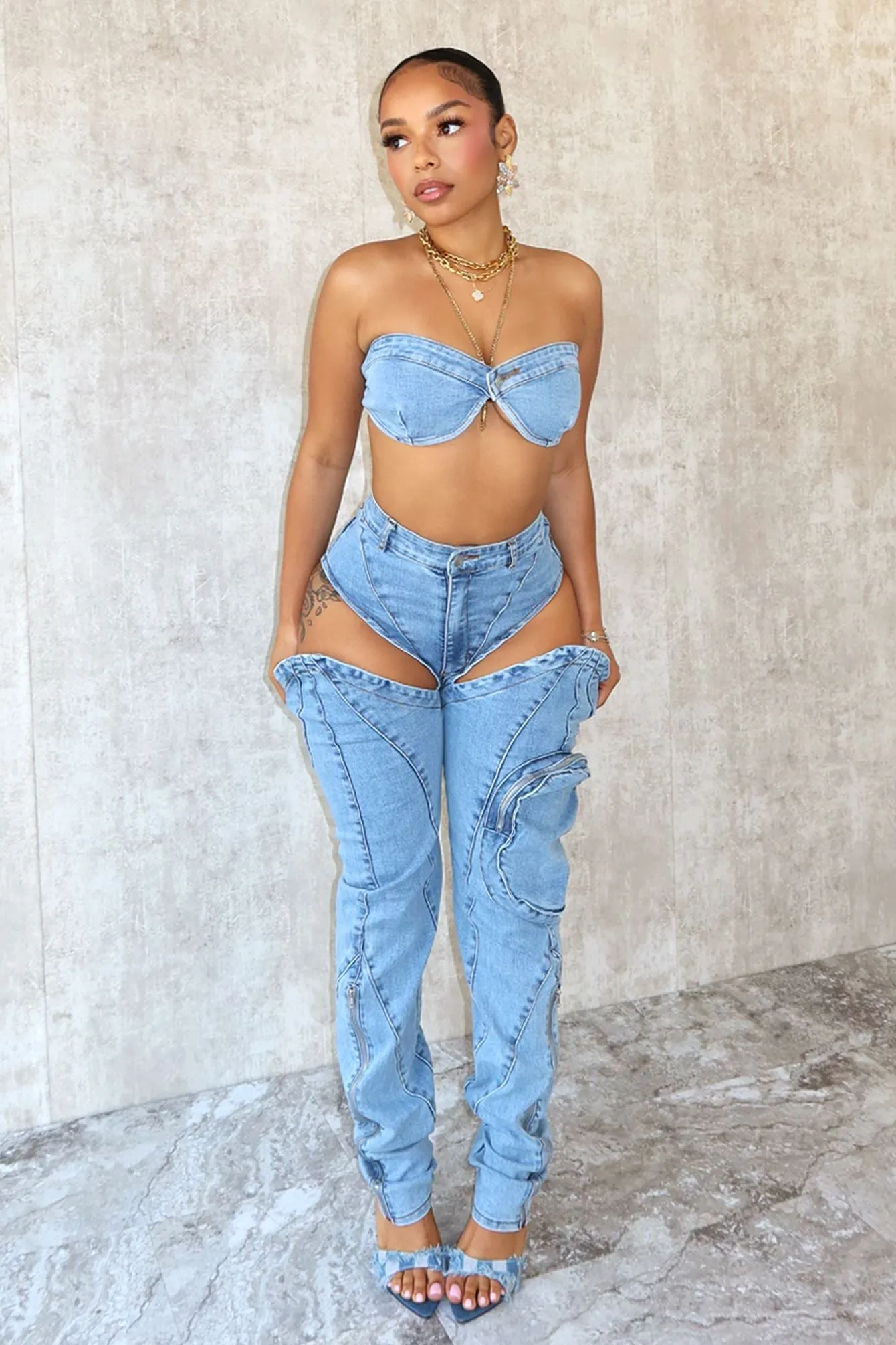 Boss Babe Denim Tube Top & Cut Out Pants SET