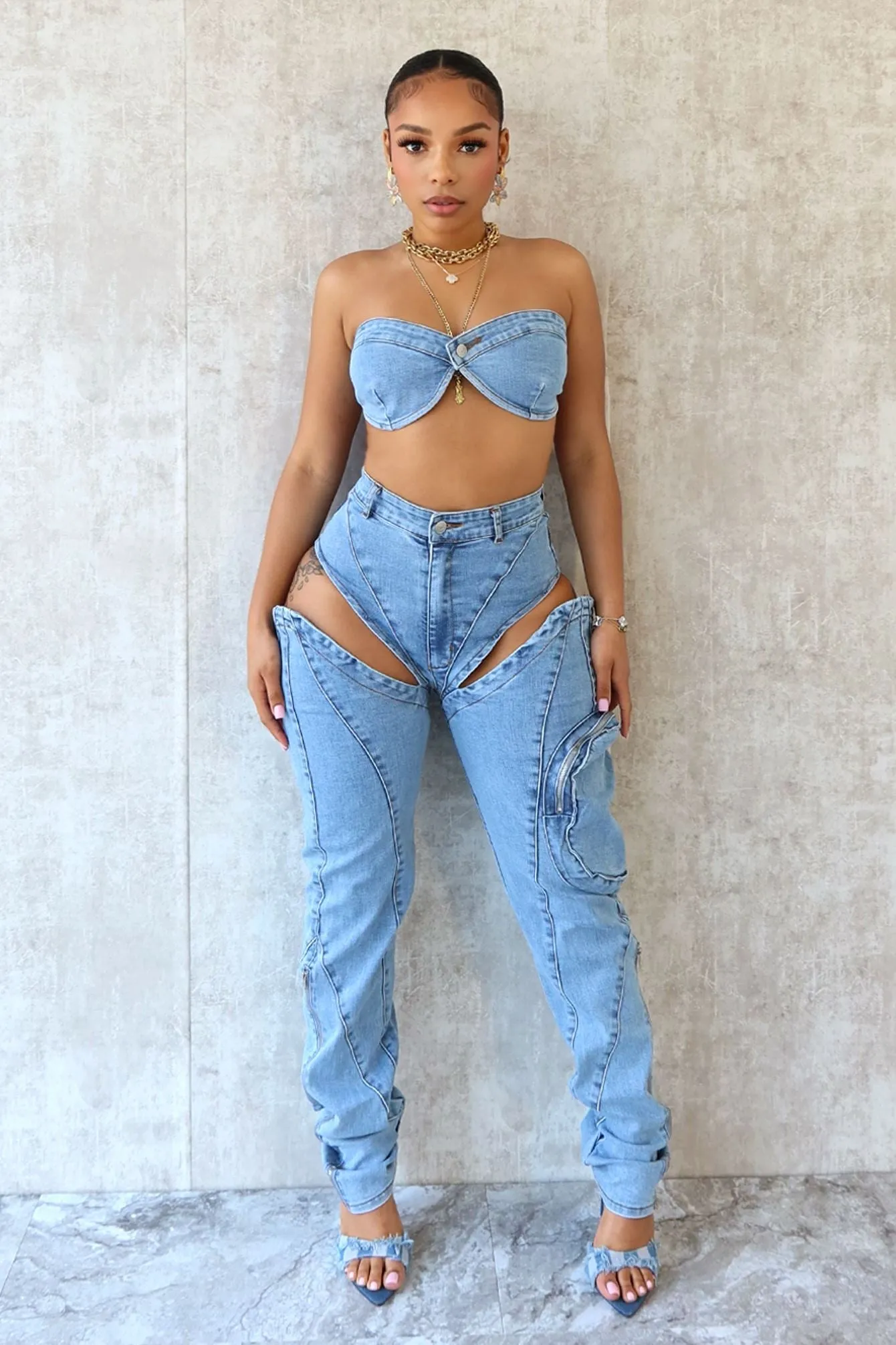 Boss Babe Denim Tube Top & Cut Out Pants SET