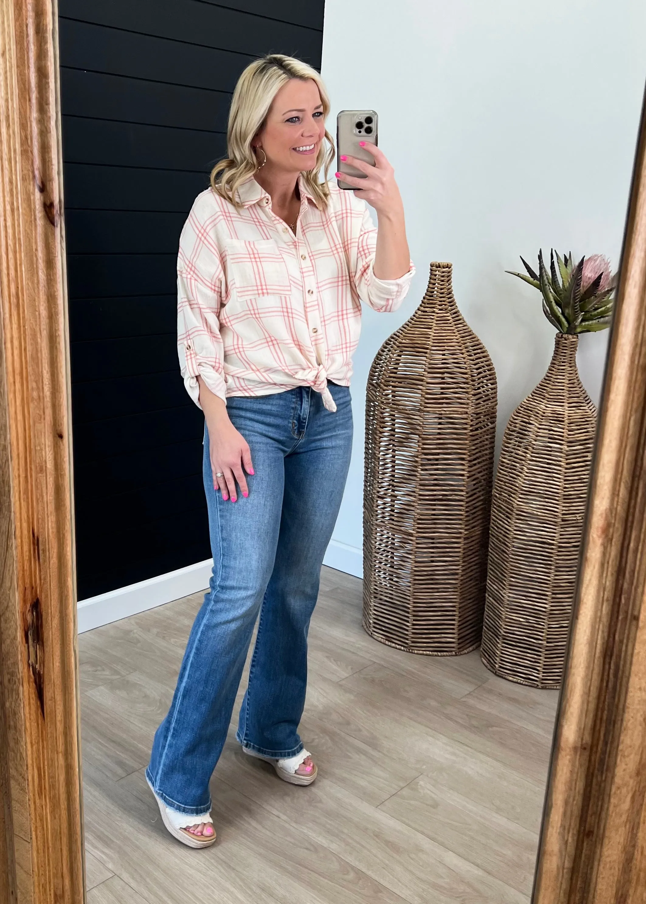 Coral & Cream Plaid Top