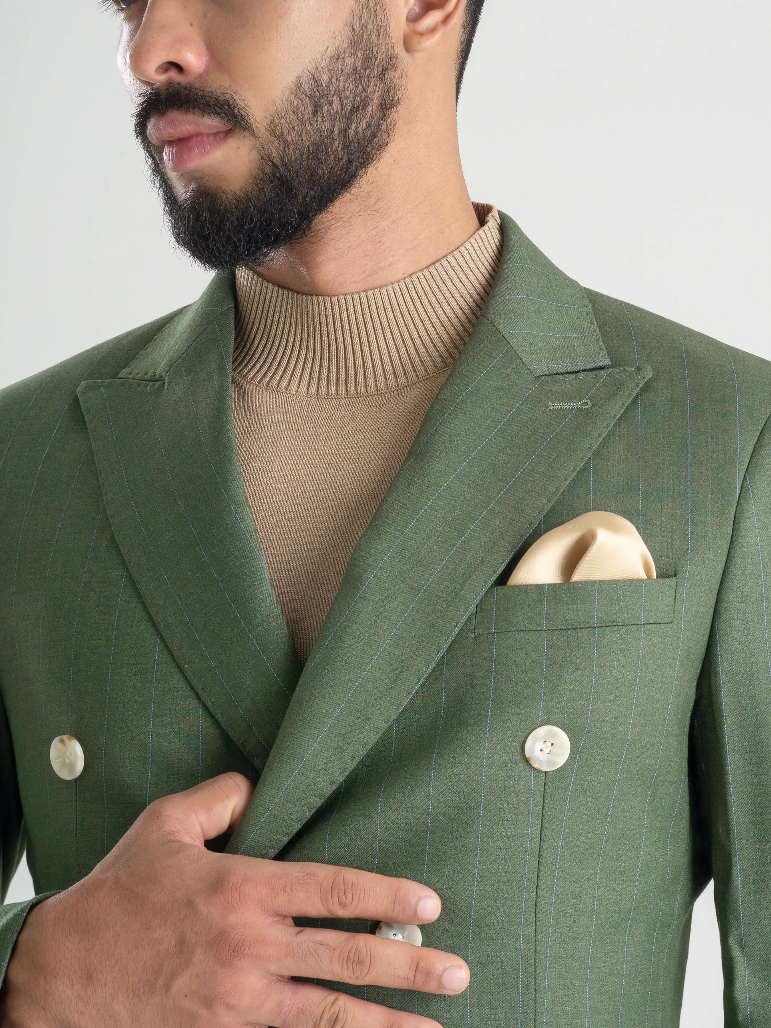 Double Breasted Suit Blazer - Moss Green Stripes (Peak Lapel)