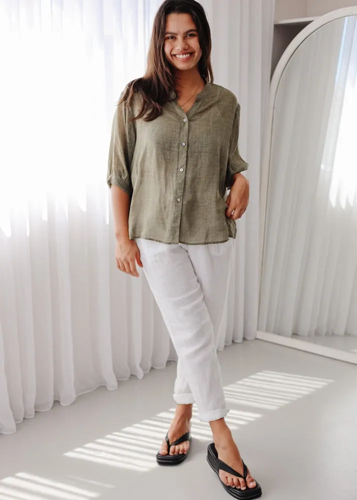 Elena Olive Linen Blouse