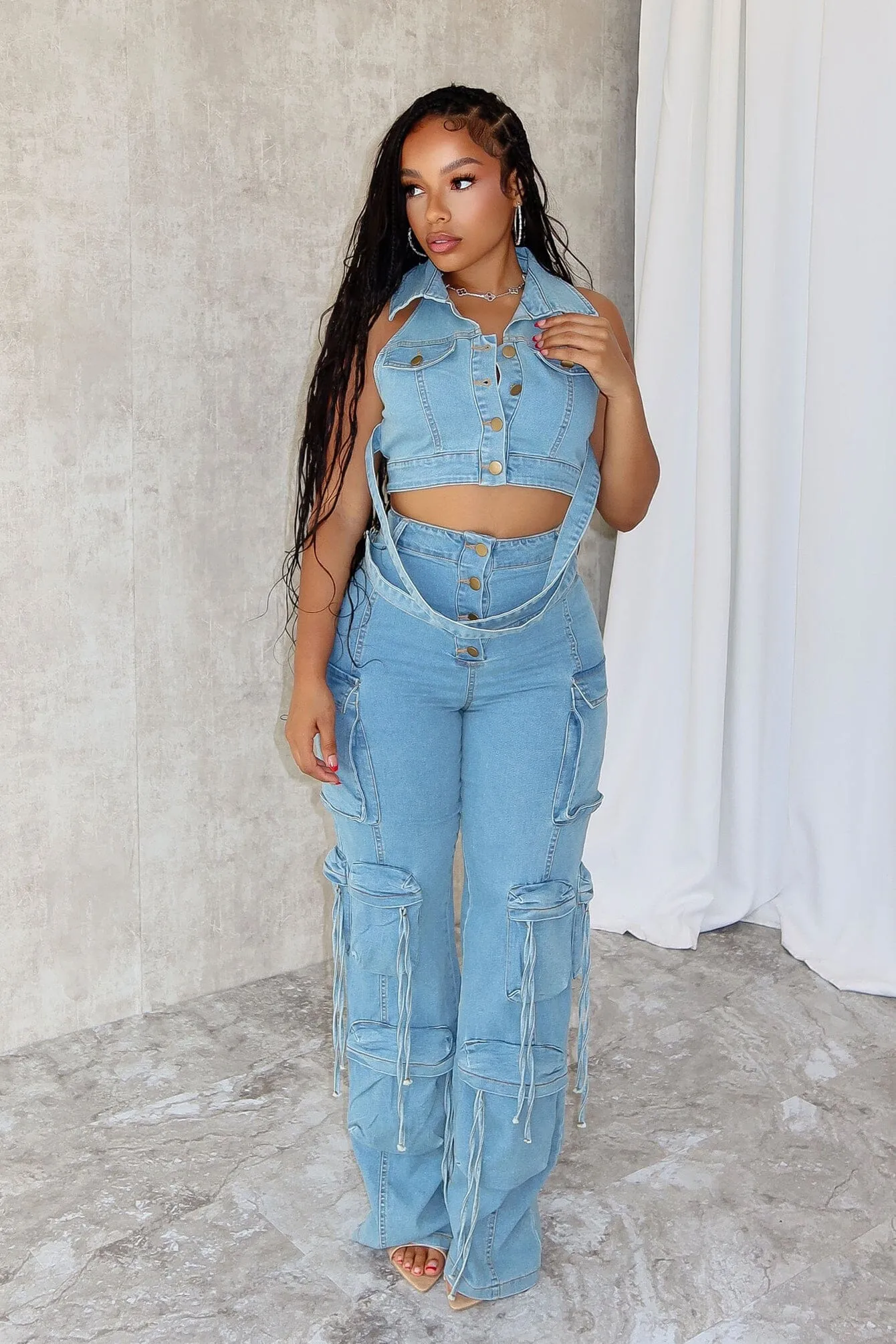 Get Goin Denim Cross Straps Vest & Pants SET