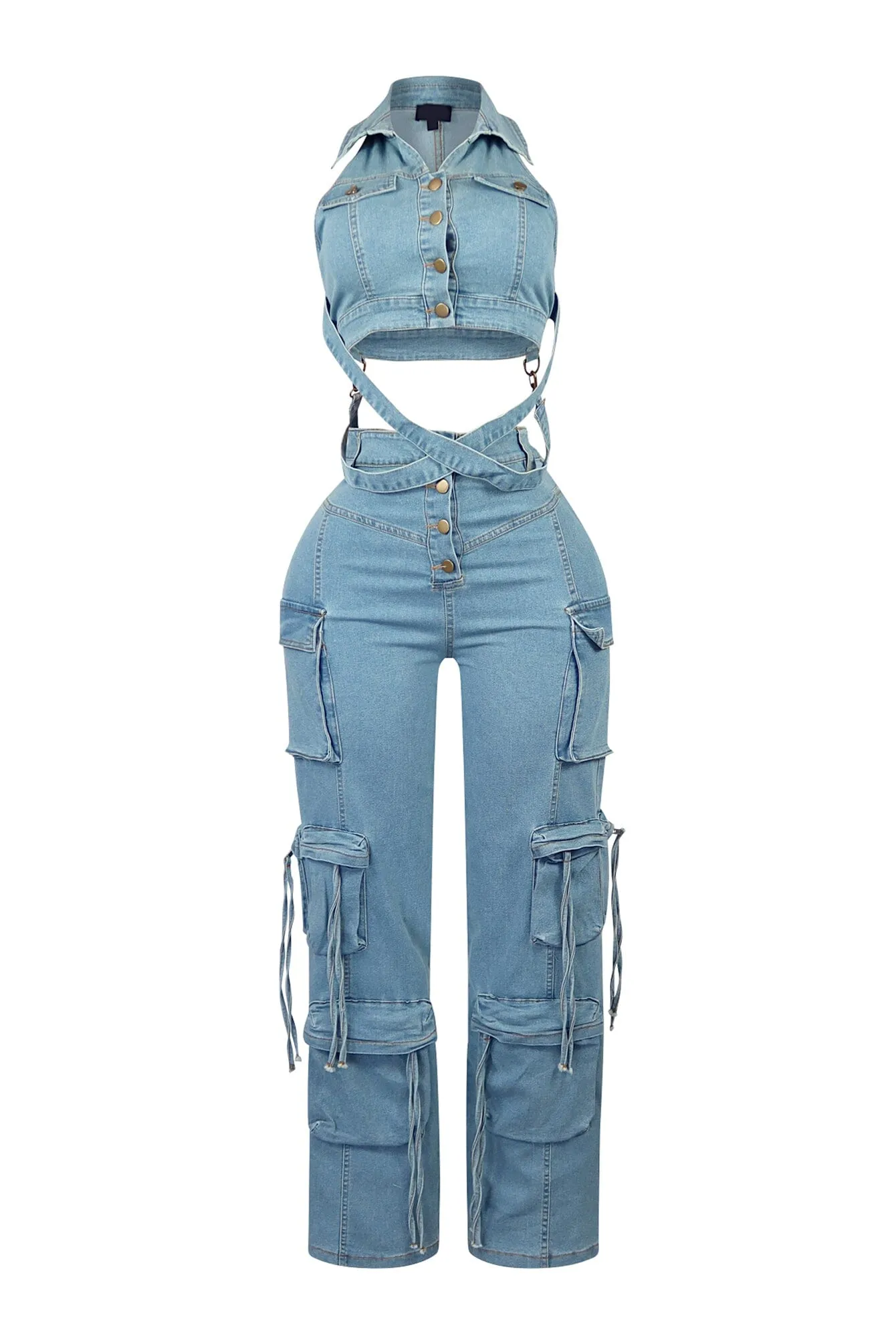 Get Goin Denim Cross Straps Vest & Pants SET