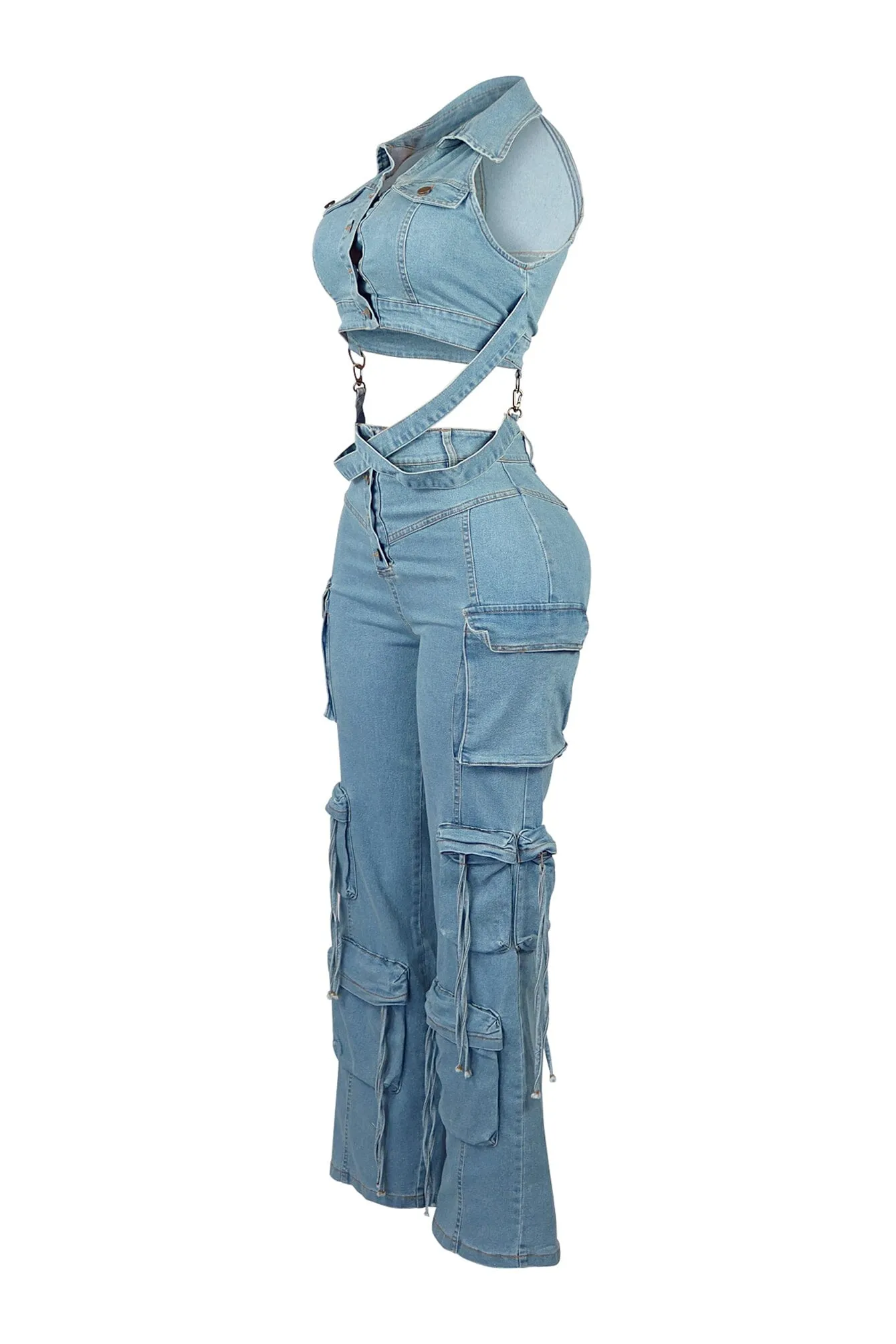 Get Goin Denim Cross Straps Vest & Pants SET