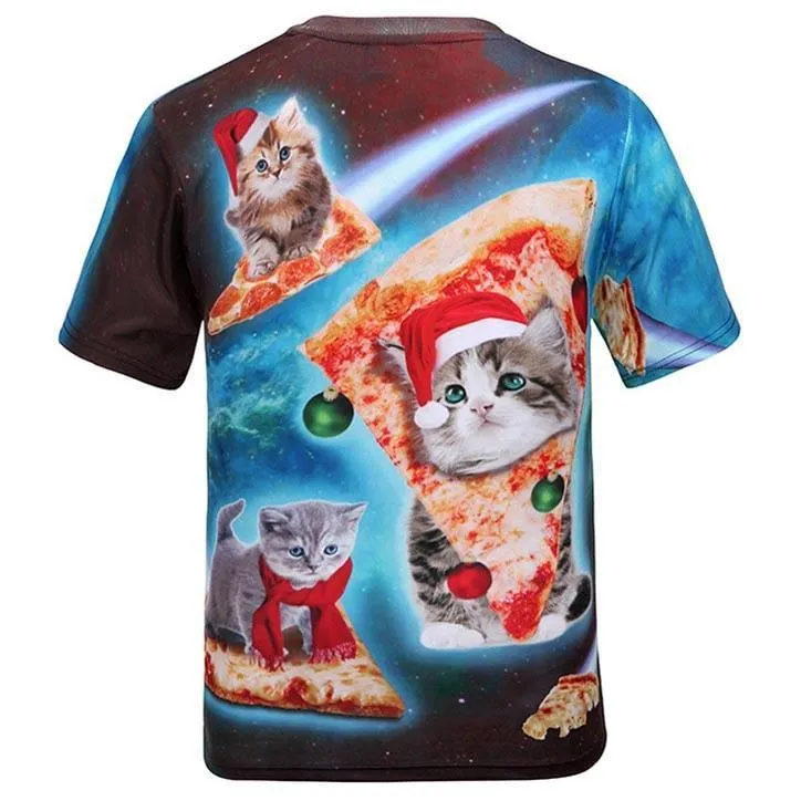 Kitty Cat Riding Pizza in Space in Christmas Hats All Over Print T-Shirt