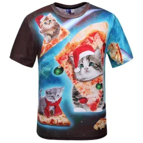 Kitty Cat Riding Pizza in Space in Christmas Hats All Over Print T-Shirt