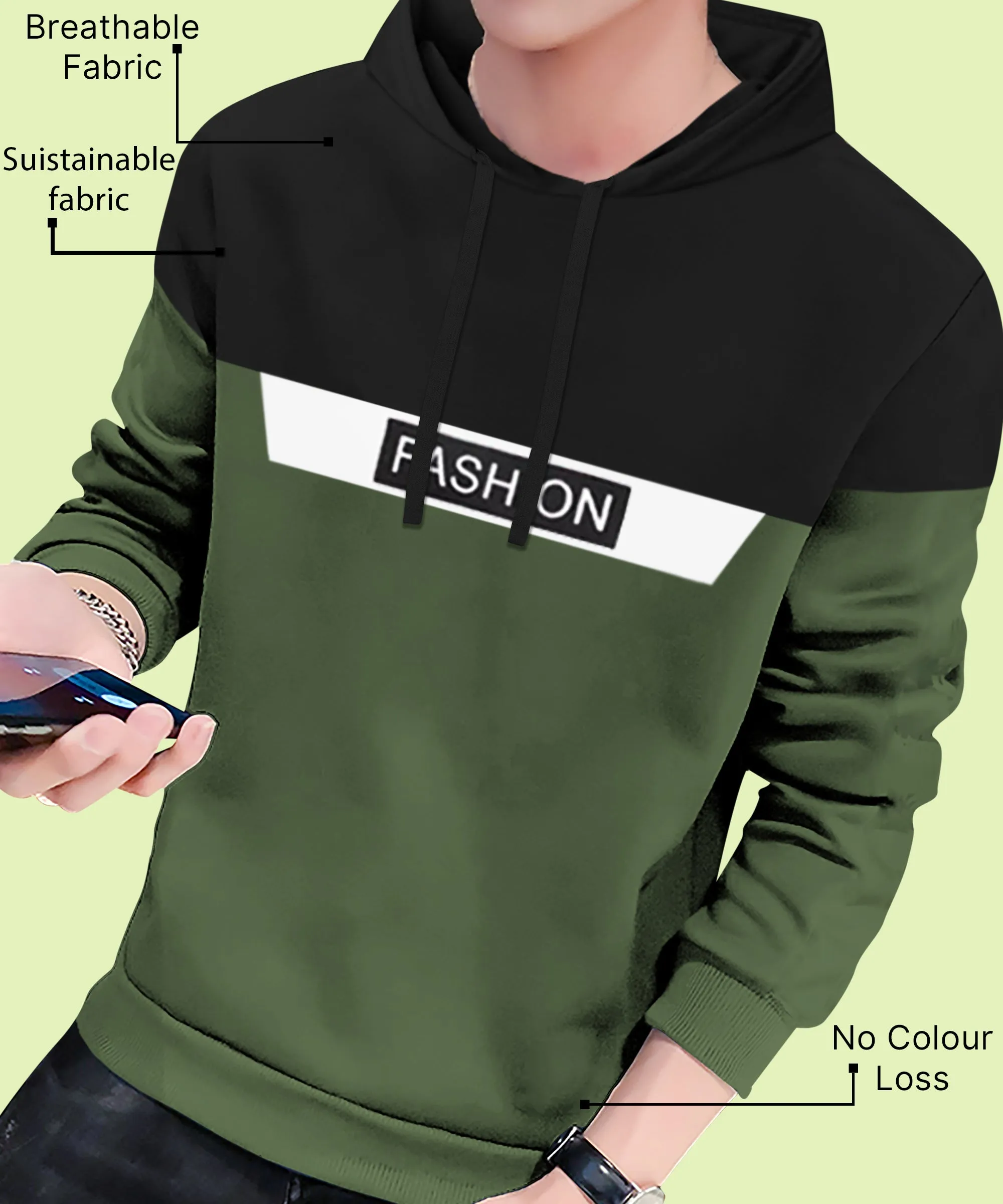 men Black Olive Green Hooded T-shirt