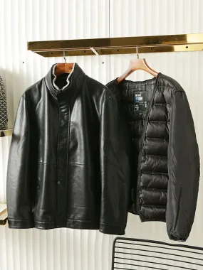 Mens Large size Detachable liner men's autumn and winter down cotton 2 in 1 leather jacket