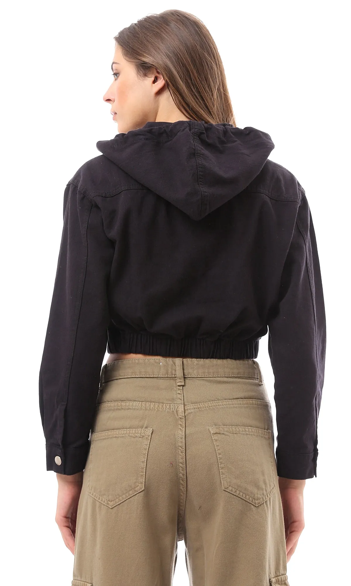 O172027 Black Zipped Cropped Jacket With Front Pockets