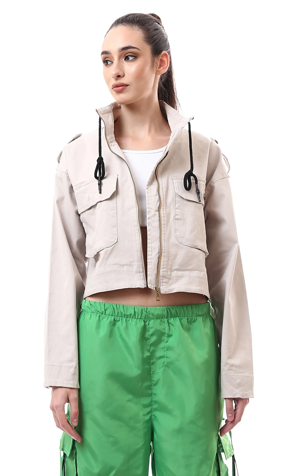 O172032 Front Fully Zipper Beige Short Jacket