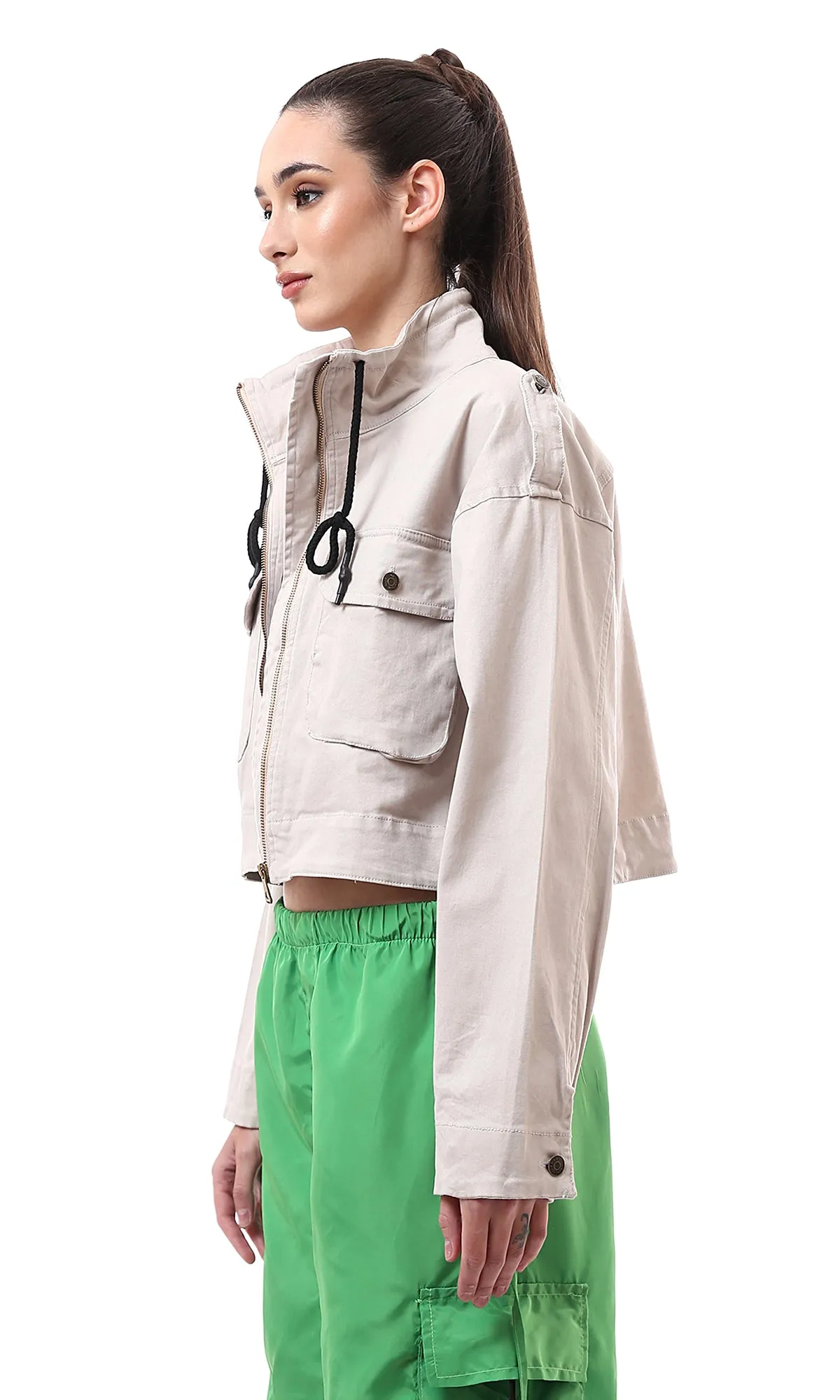 O172032 Front Fully Zipper Beige Short Jacket