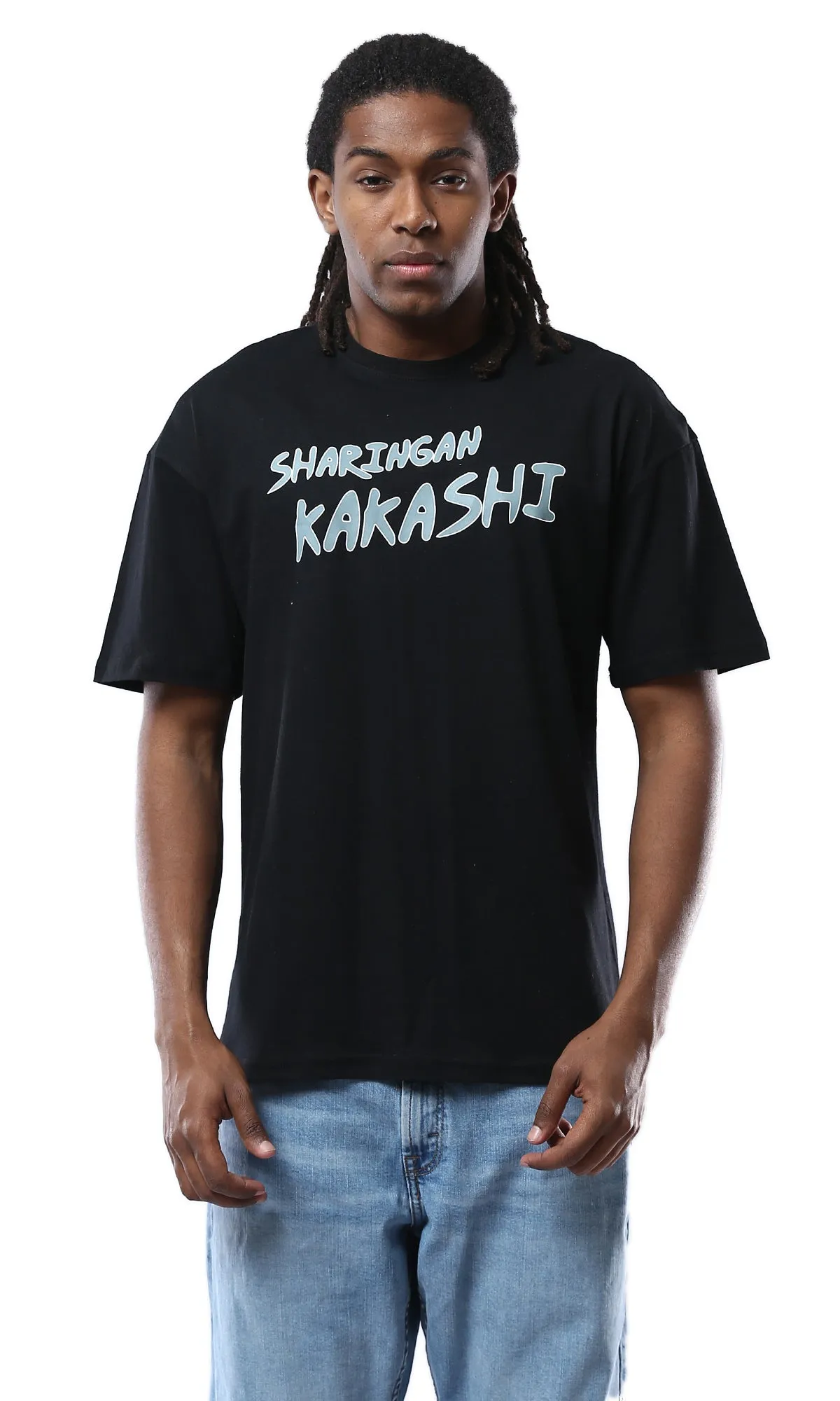 O178387 Sharingan Kakash Printed Animation Black Tee