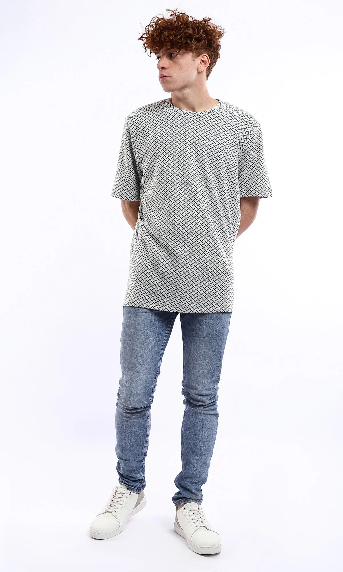 O178555 Medium-Weight Patterned Grey Casual Tee