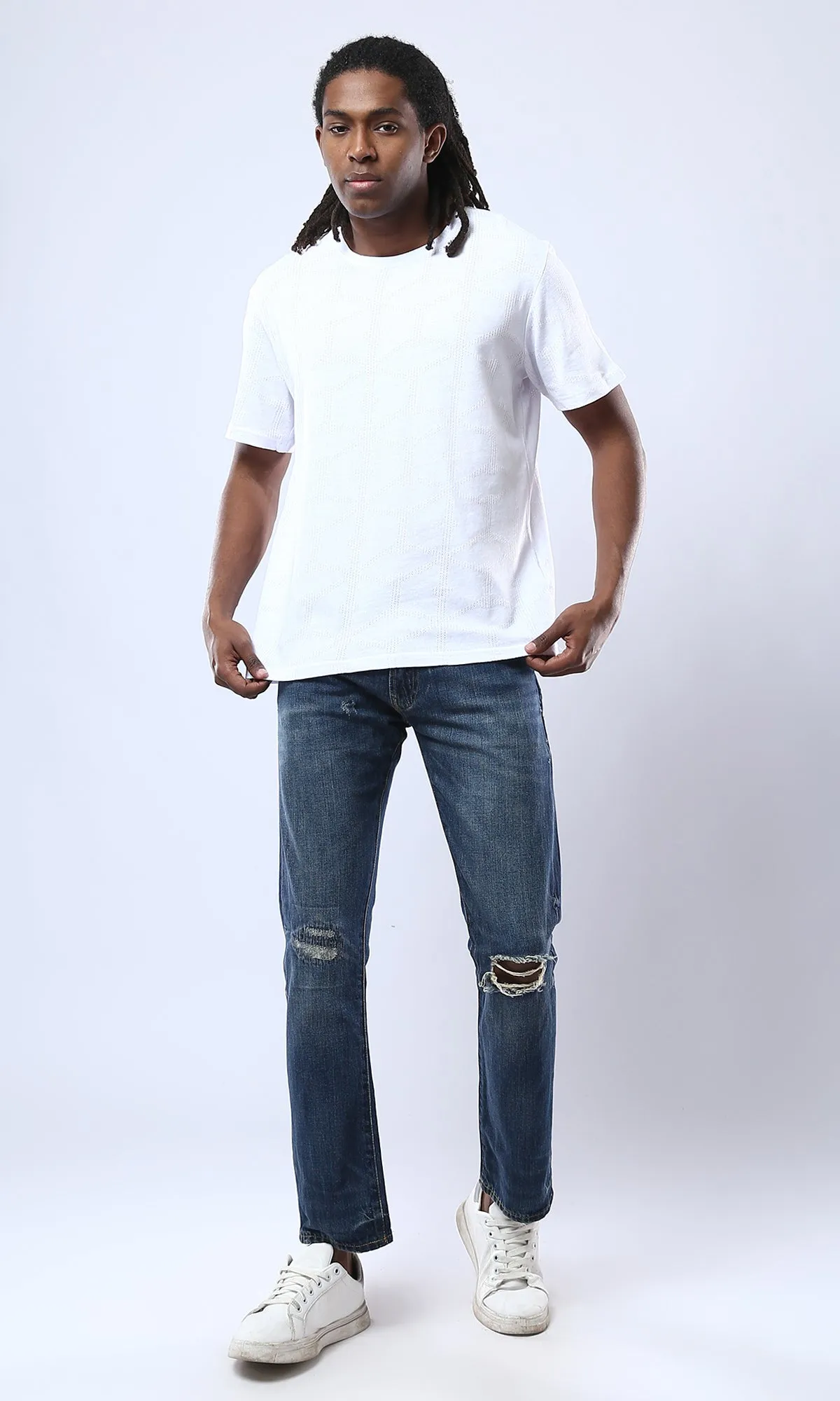 O178558 Crew Neck Perforated Cotton White Tee