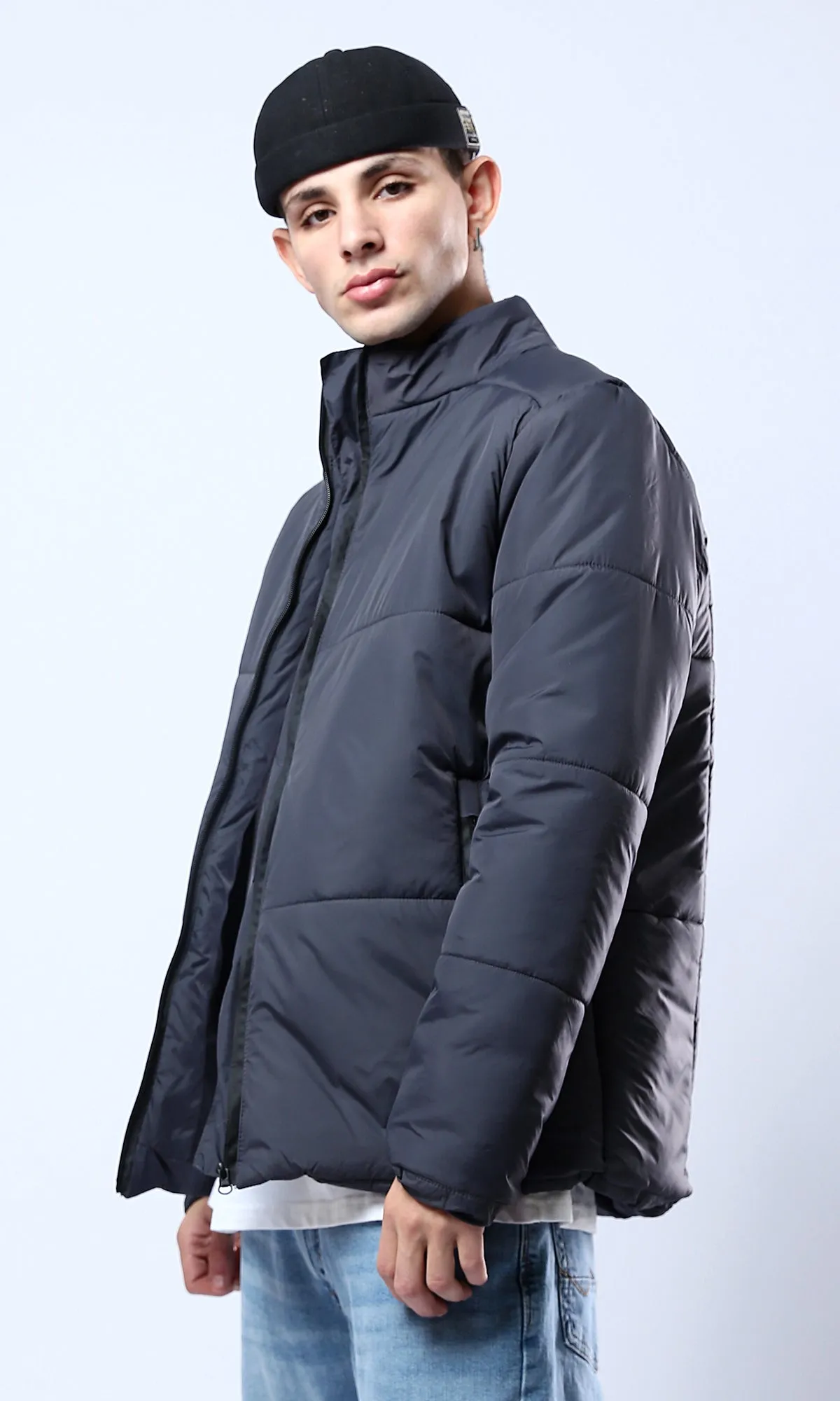 O180579 Full Zipper Dark Grey Coziness Puffer Jacket