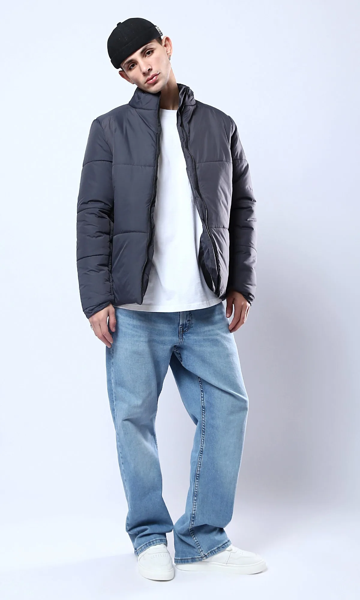 O180579 Full Zipper Dark Grey Coziness Puffer Jacket