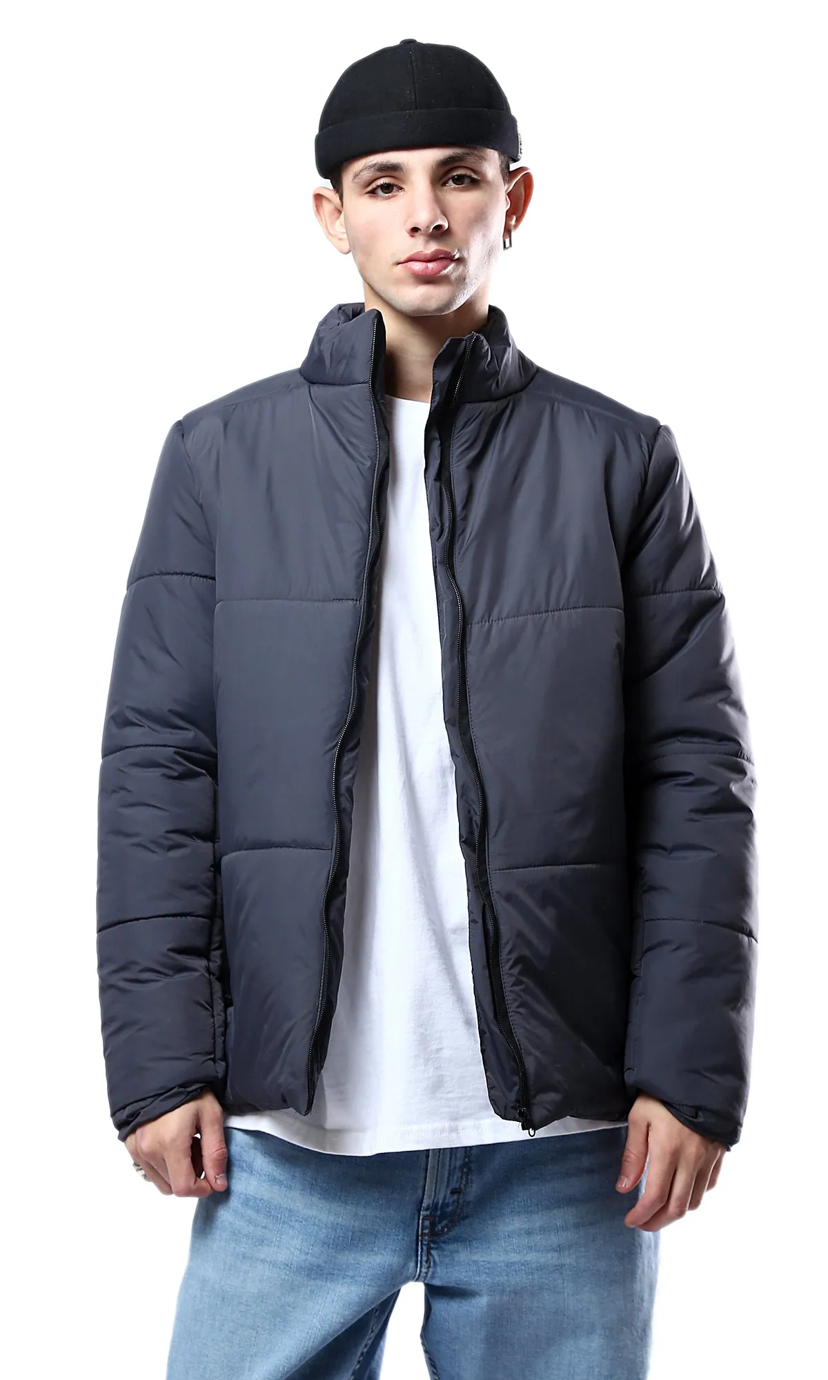 O180579 Full Zipper Dark Grey Coziness Puffer Jacket