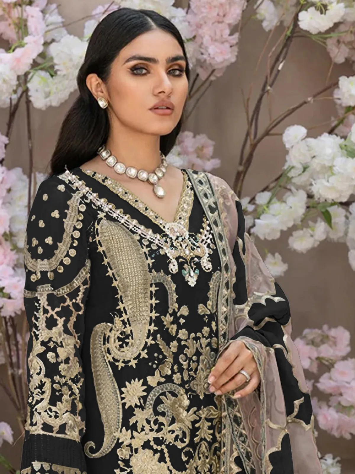 Odette Black Organza Embroidered Semi Stitched Salwar Suit For Women