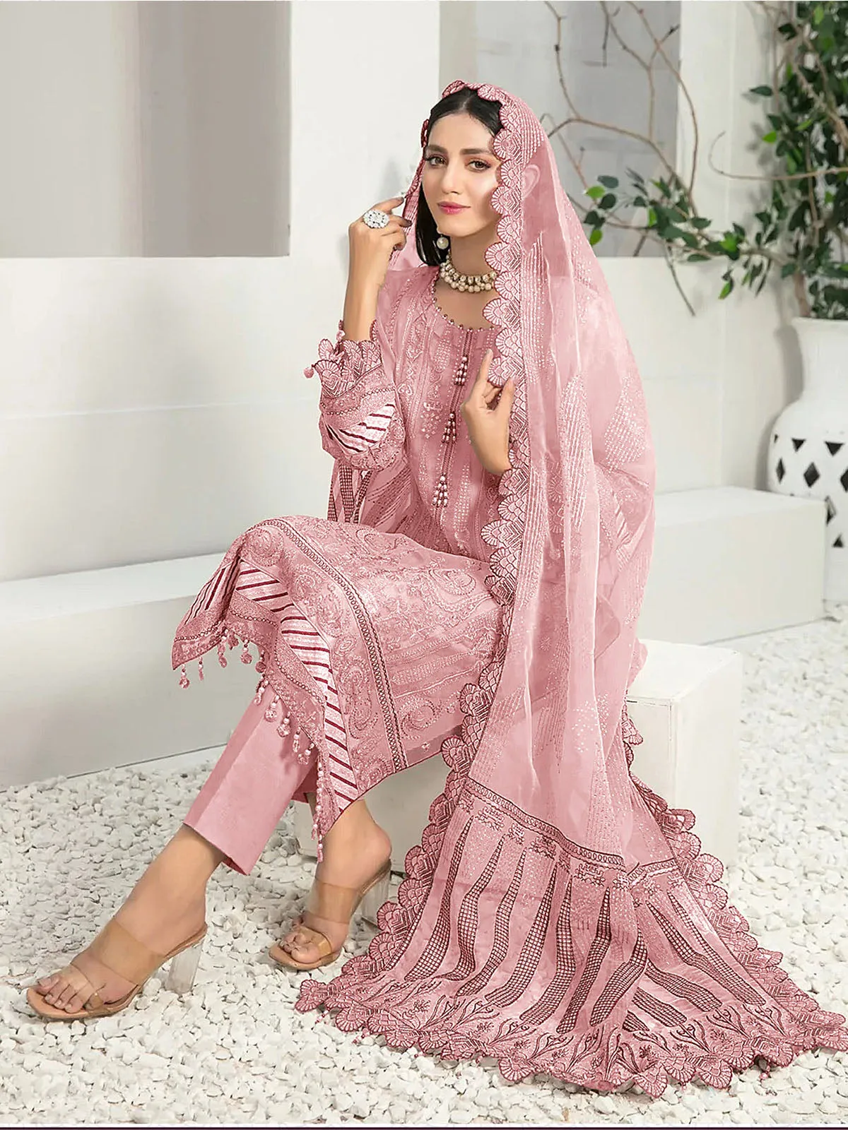 Odette Women Pink Party Wear Embroidered Organza Semi Stitched Suit