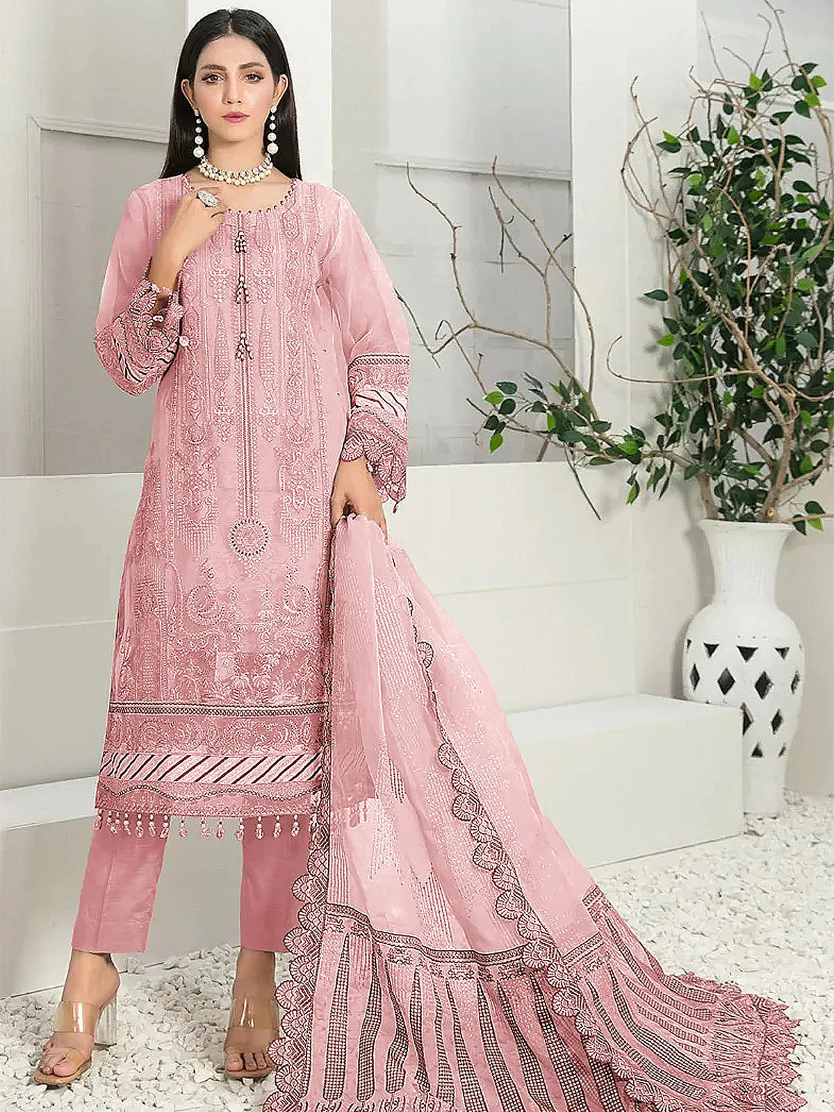 Odette Women Pink Party Wear Embroidered Organza Semi Stitched Suit