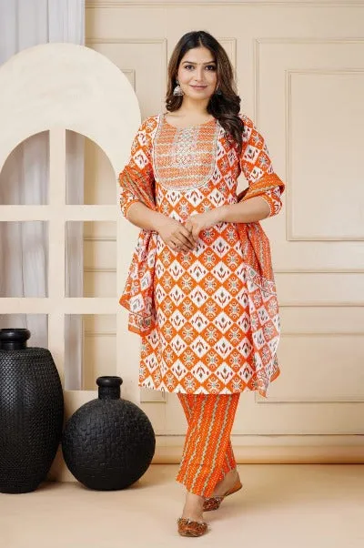 Orange Jaipuri Print Cotton Plus Size Salwar Suit Set