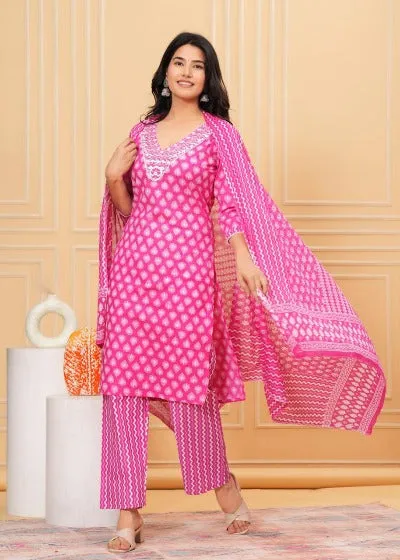 Pink Jaipuri Print Cotton Plus Size Salwar Suit Set