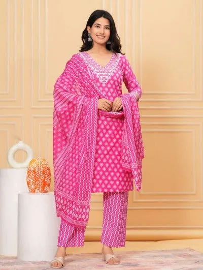 Pink Jaipuri Print Cotton Plus Size Salwar Suit Set