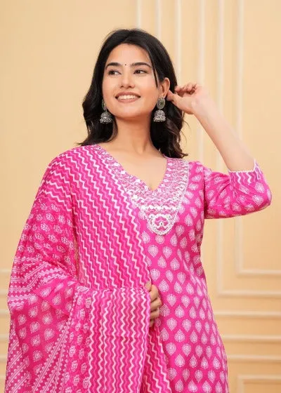 Pink Jaipuri Print Cotton Plus Size Salwar Suit Set