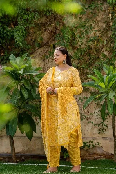 Plus Size Yellow Mirrorwork Readymade Salwar Suit