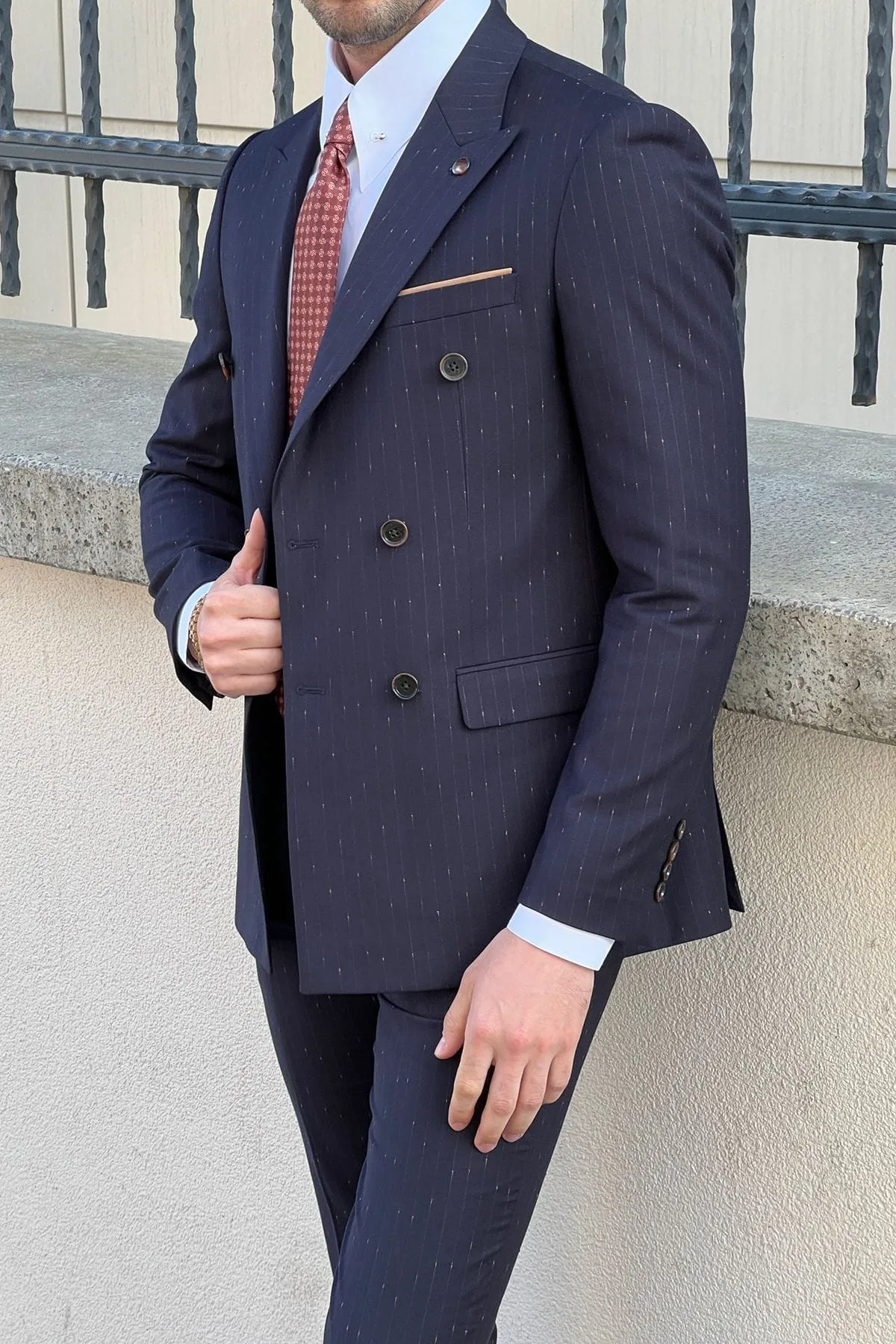 Slim-Fit Striped Double-Breasted Navy blue Wool Suit