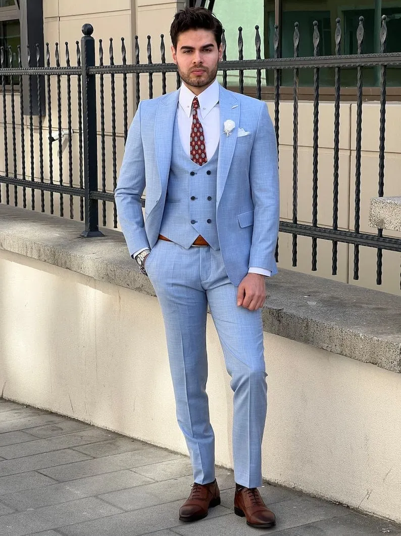 Slim Fit Tuxedo Mens Light Blue Wedding Wool Suit