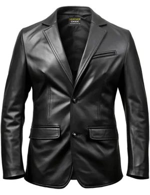 Two Button Men Black Leather Blazer - Leather Blazer for Men