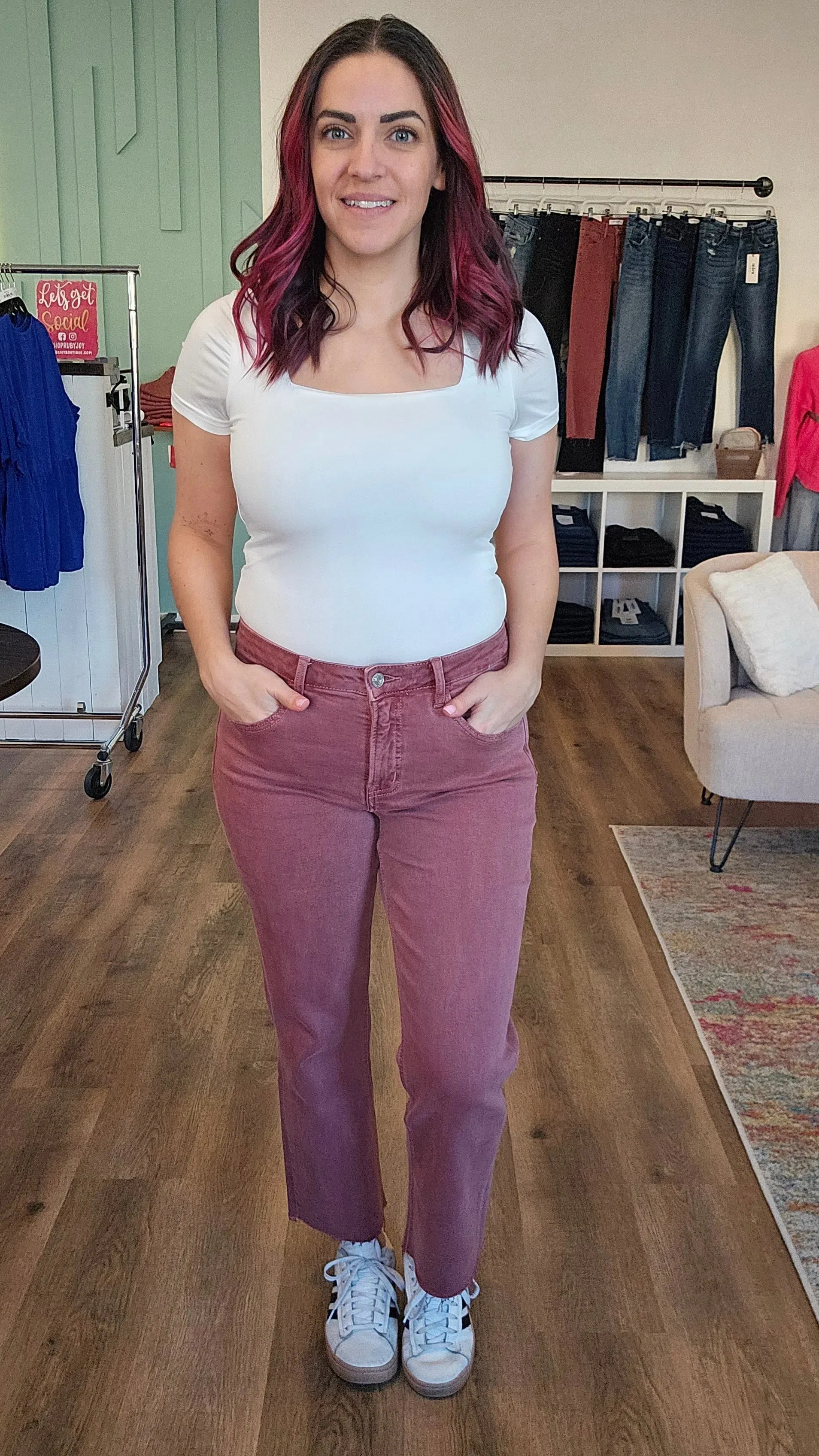 Wine Colored Straight Leg Crop Denim with Tummy Control | Lovervet