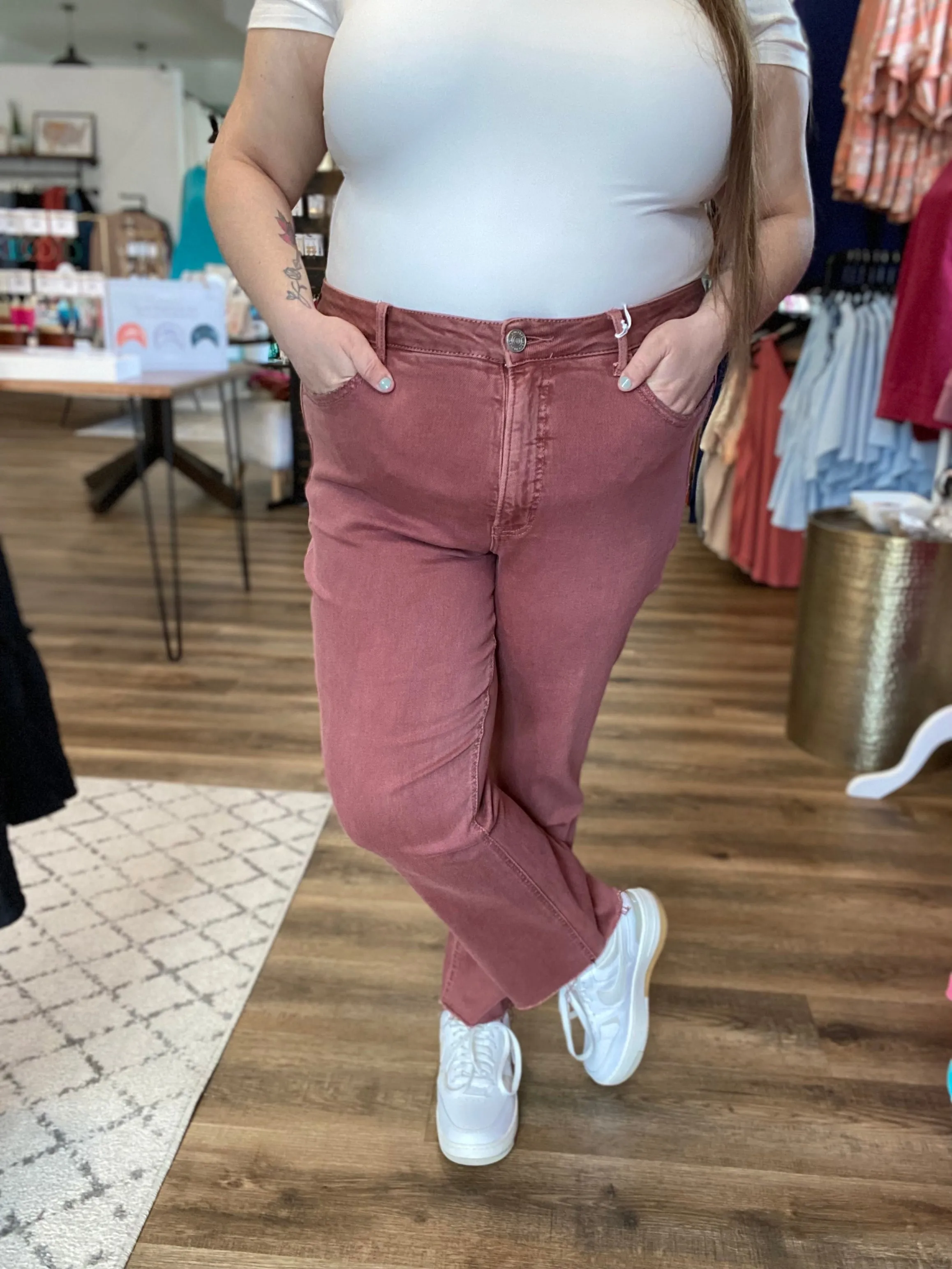 Wine Colored Straight Leg Crop Denim with Tummy Control | Lovervet