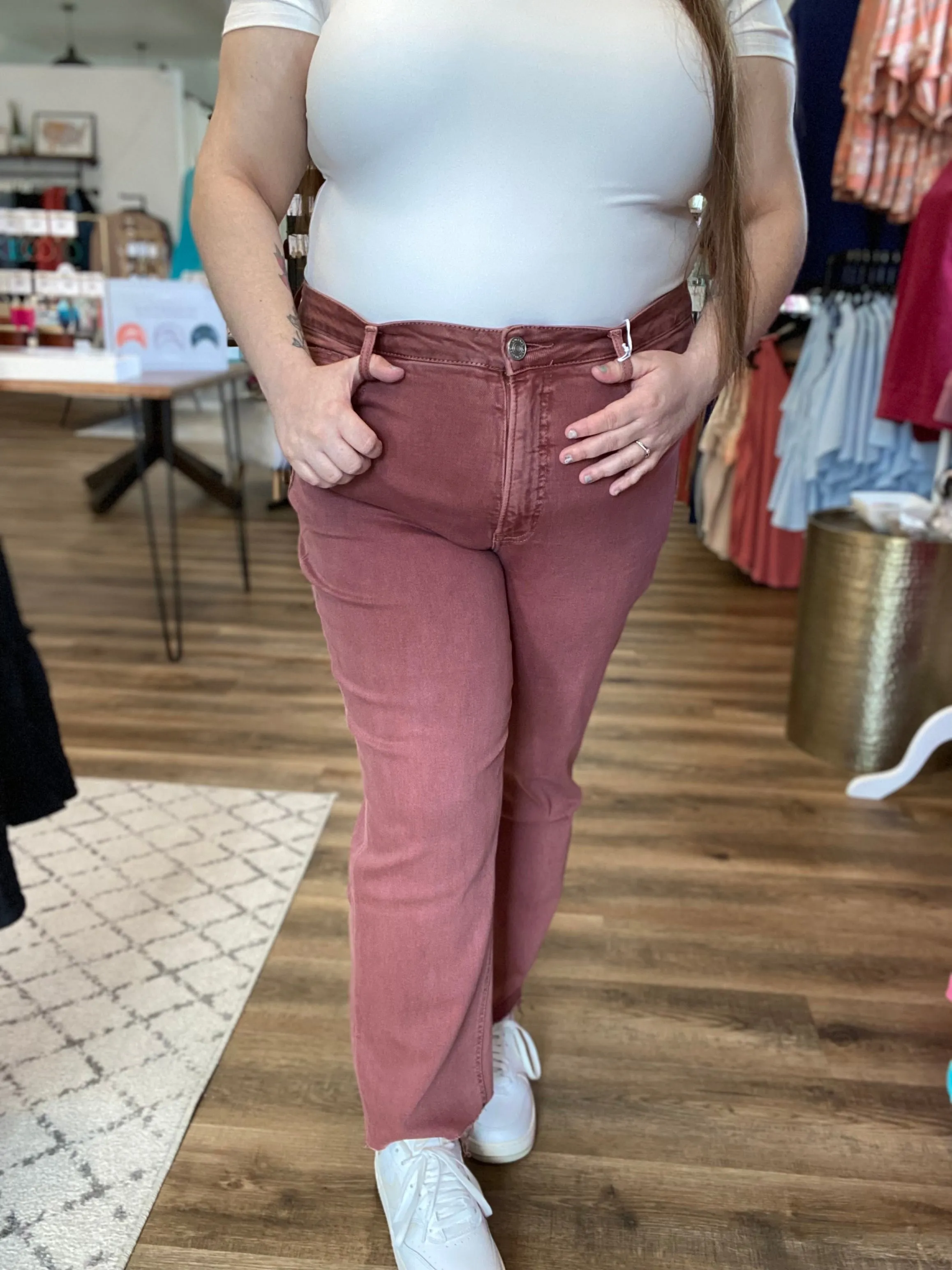 Wine Colored Straight Leg Crop Denim with Tummy Control | Lovervet