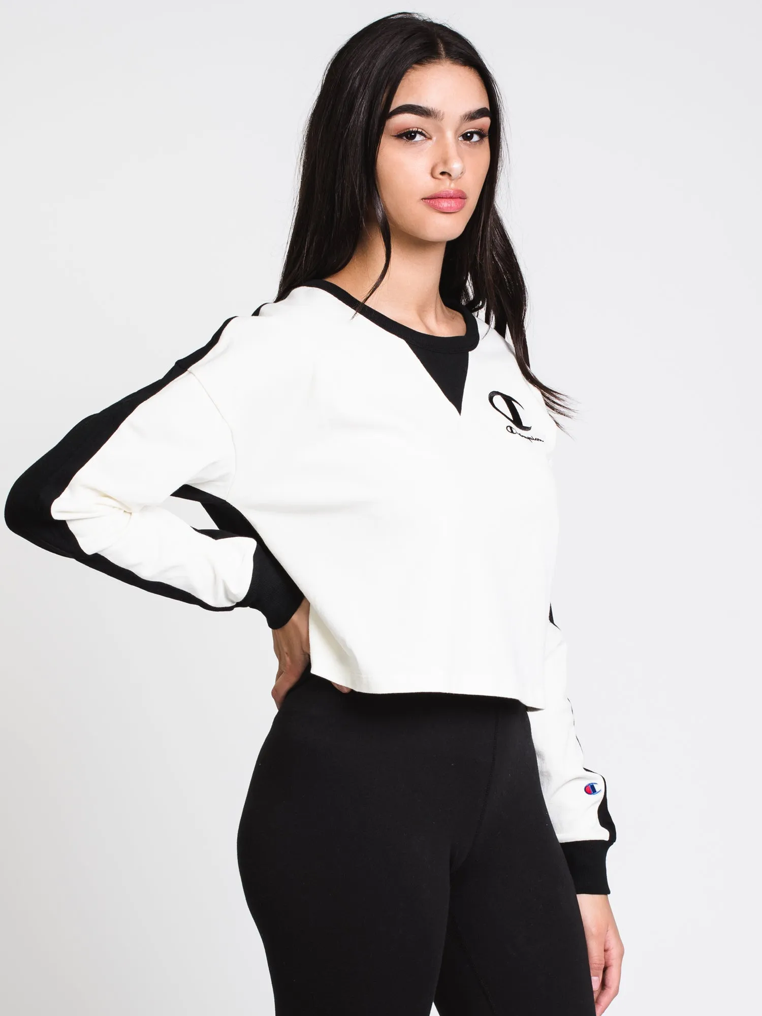 WOMENS BLOCKING CROP LONG SLEEVE TEE - CHALK - CLEARANCE